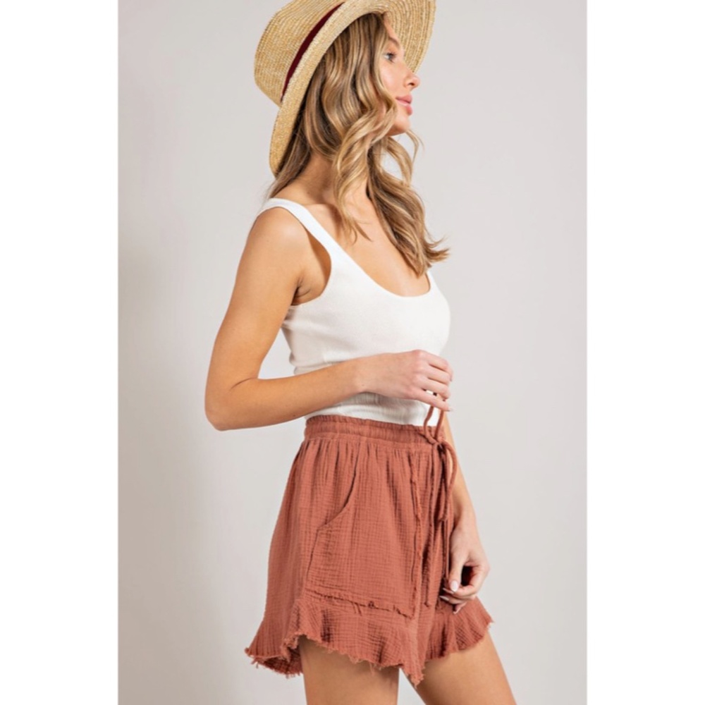 SOLD OUT Clay Mineral Washed Frayed Hem Solid Drawstring Casual Women's Shorts - Picture 3 of 4